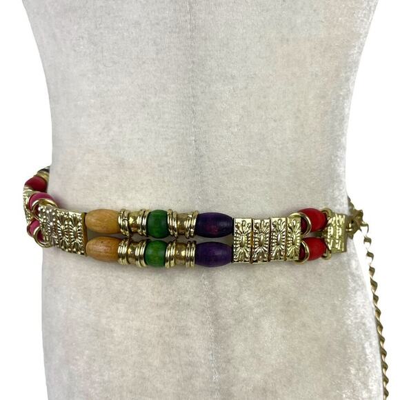 VTG Retro Belt 80s Gold Chain Tiered Wood Rainbow Multicolor Beads Gold Metal main image 7